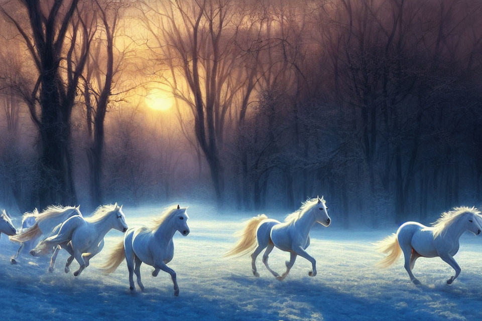 White horses galloping in snowy forest at sunrise