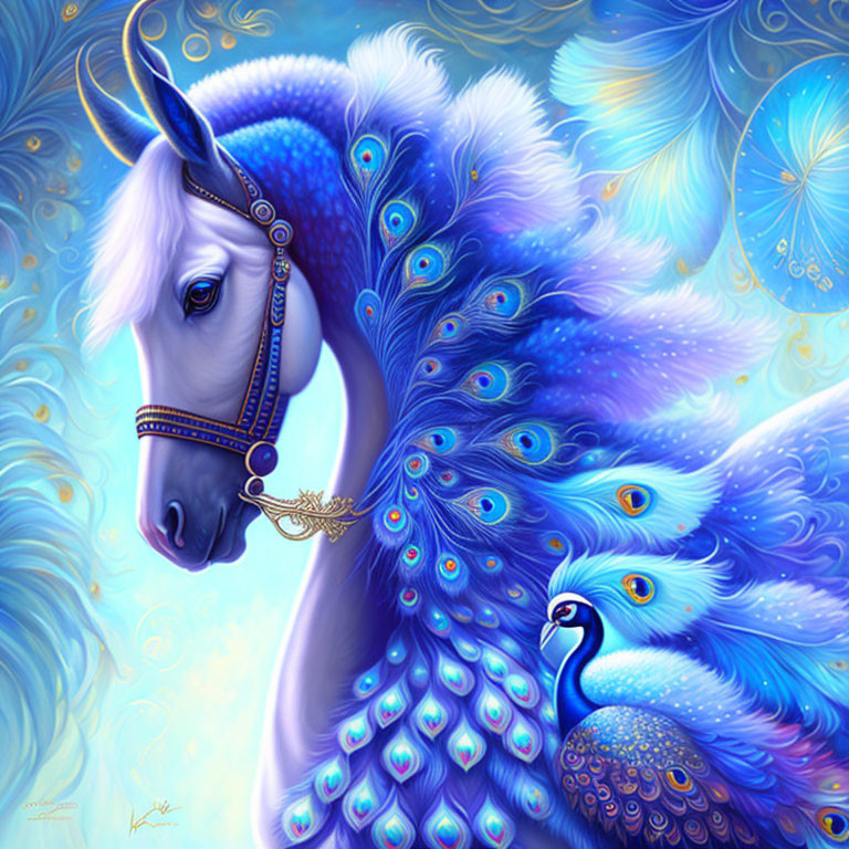 White unicorn with peacock feather mane and tail in golden bridle on blue backdrop.