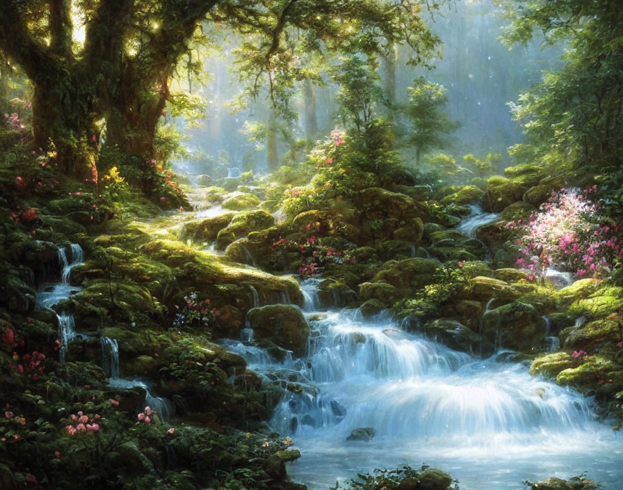 Tranquil forest landscape with sunlit stream, mossy stones, greenery, and pink flowers