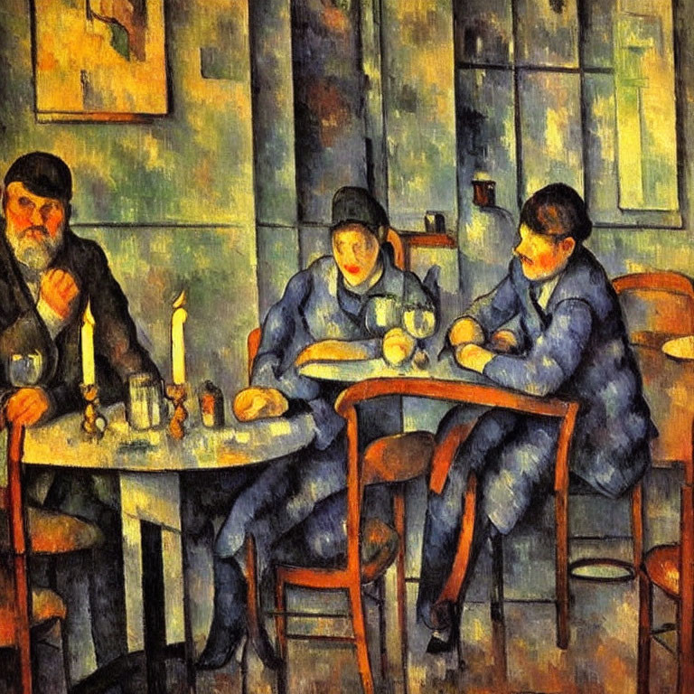 Post-Impressionist painting of three people at a table with a candle