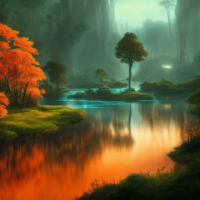 Autumnal scene: Vibrant orange trees by tranquil blue river