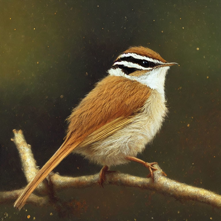 Brown and white bird with black head stripes on branch against dark background