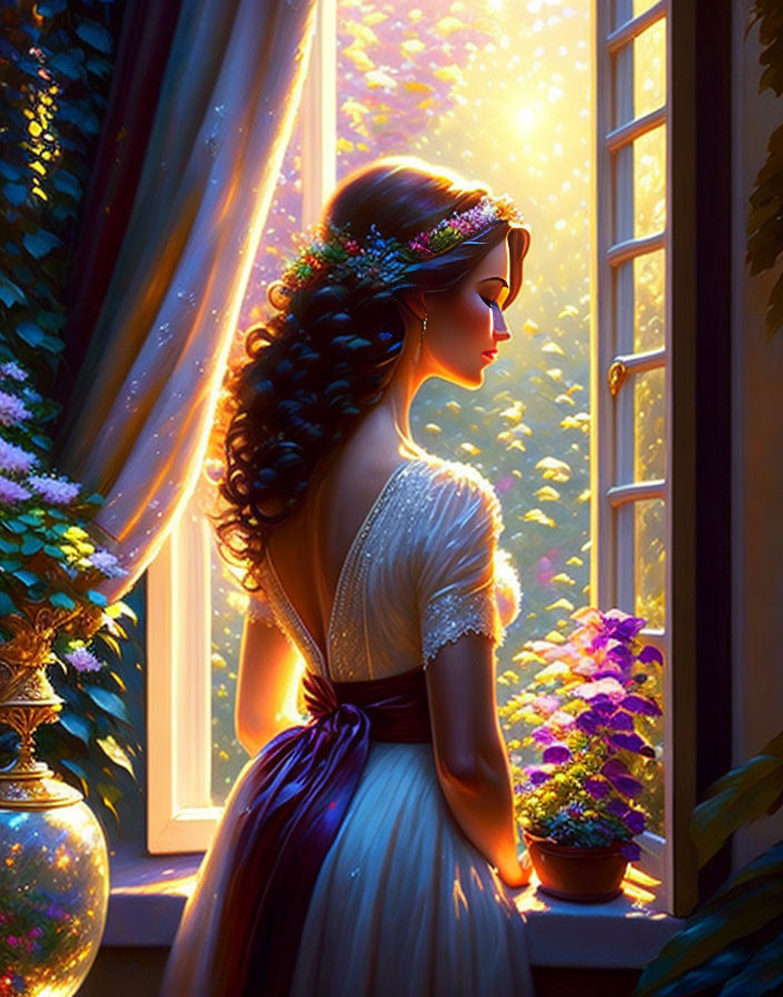 Vintage-dressed woman with floral headpiece gazes out window at sunset