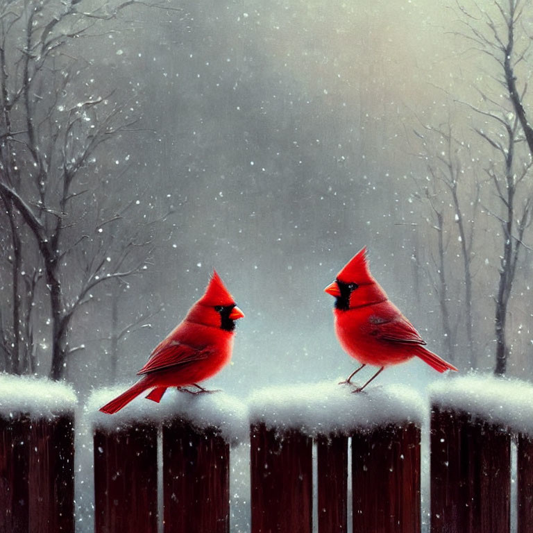 Red cardinals on snowy fence with falling snowflakes in wintery forest.