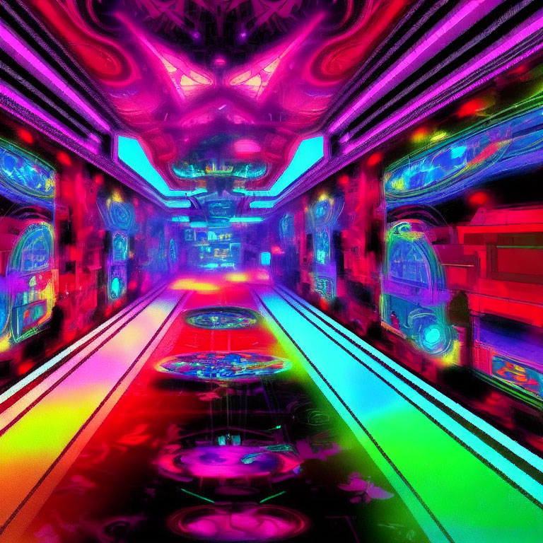 Futuristic neon-lit corridor with arcade machines & intricate ceiling designs