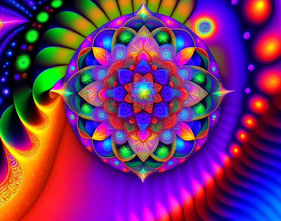 Colorful Psychedelic Fractal Image with Lotus Flower Patterns