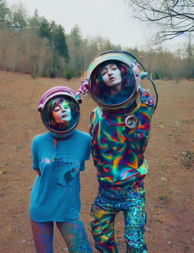 Colorful Space-Themed Face Paint Individuals in Forest Setting