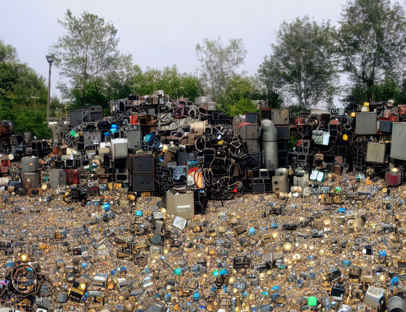 Assorted Electronic Waste Pile Outdoors: TVs, Monitors, Devices