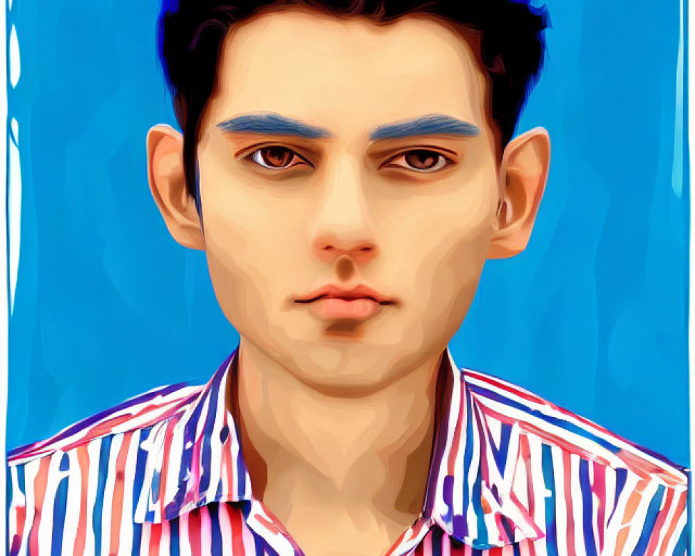 Portrait of young male with blue eyes, bold eyebrows, and blue eyeliner in red striped shirt on