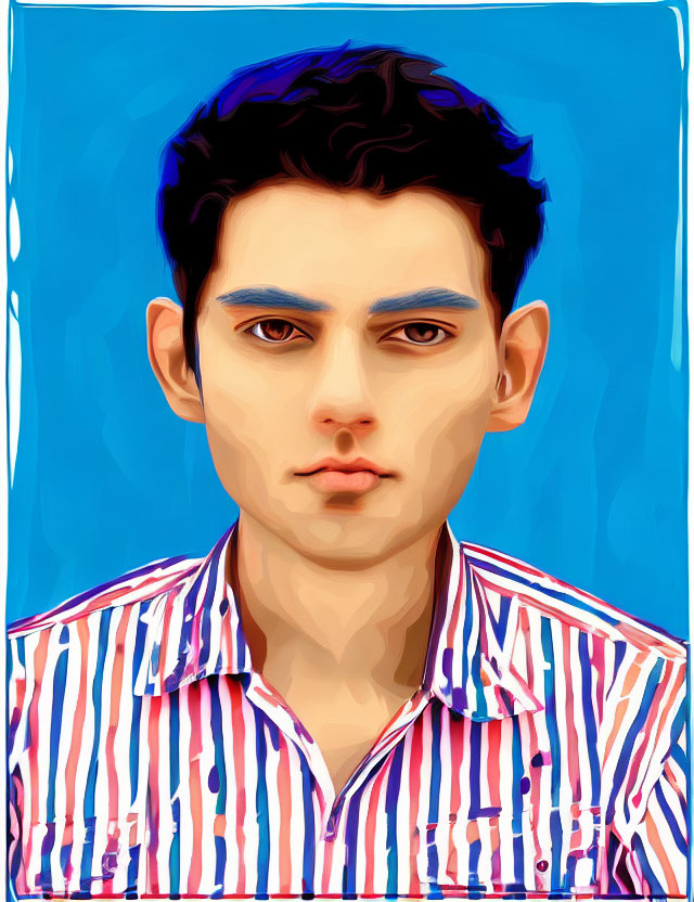 Portrait of young male with blue eyes, bold eyebrows, and blue eyeliner in red striped shirt on