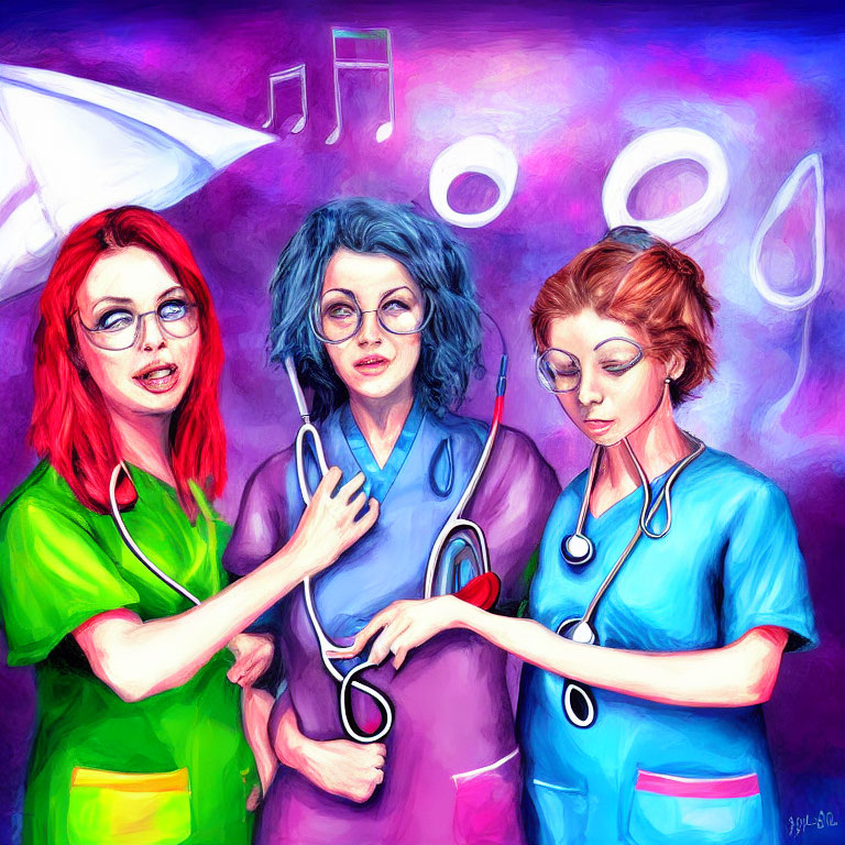 Animated healthcare professionals in vibrant scrubs with medical accessories and symbolic icons.