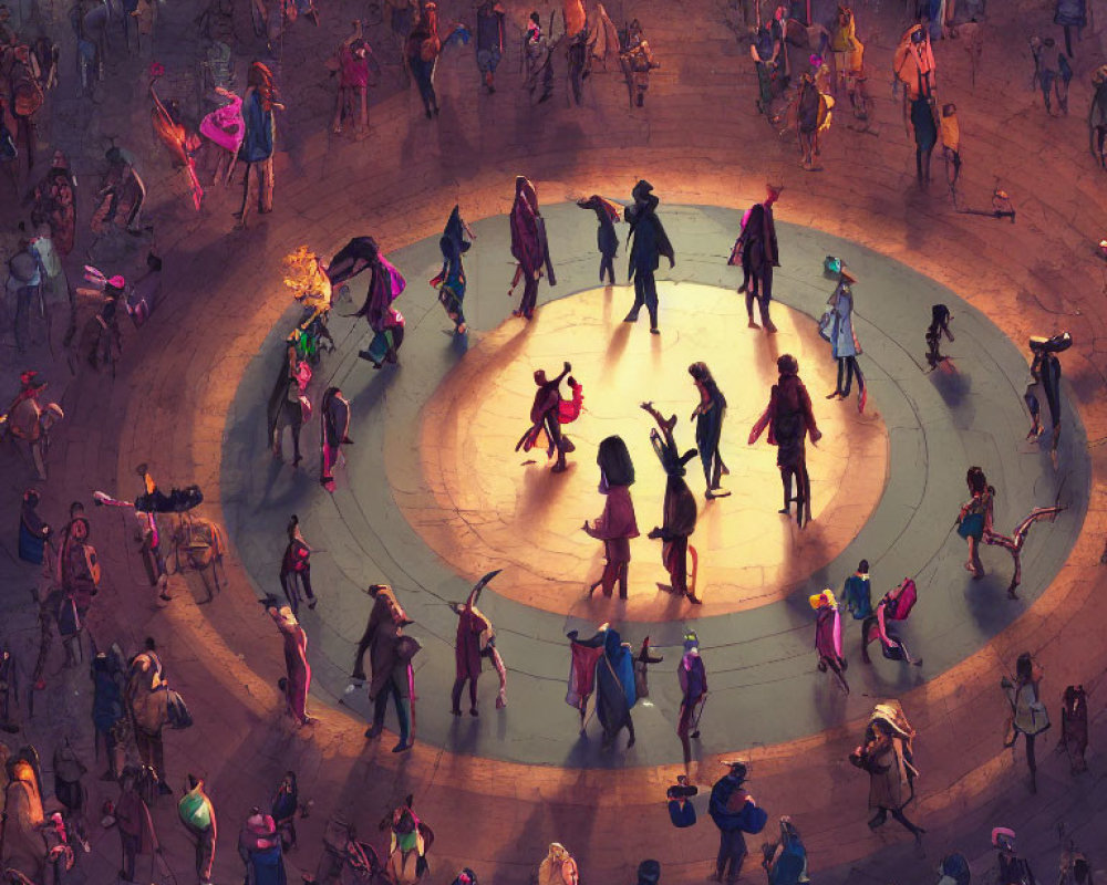 Vibrant marketplace scene with dancing people around fire pit