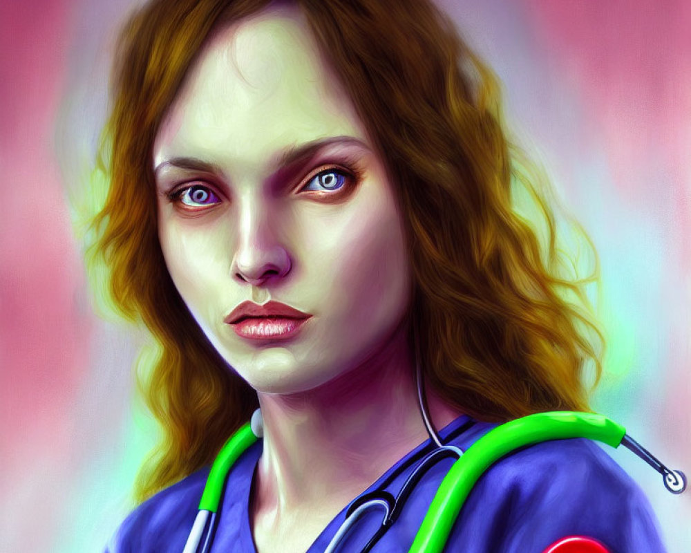 Intense-eyed woman in blue scrubs and stethoscope with red cross badge on pink background