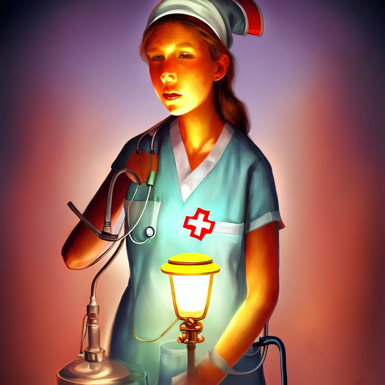 Illustration of nurse with glowing lantern & stethoscope in traditional uniform