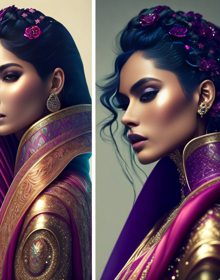 Woman in dramatic makeup and jeweled headpiece draped in purple and gold fabric