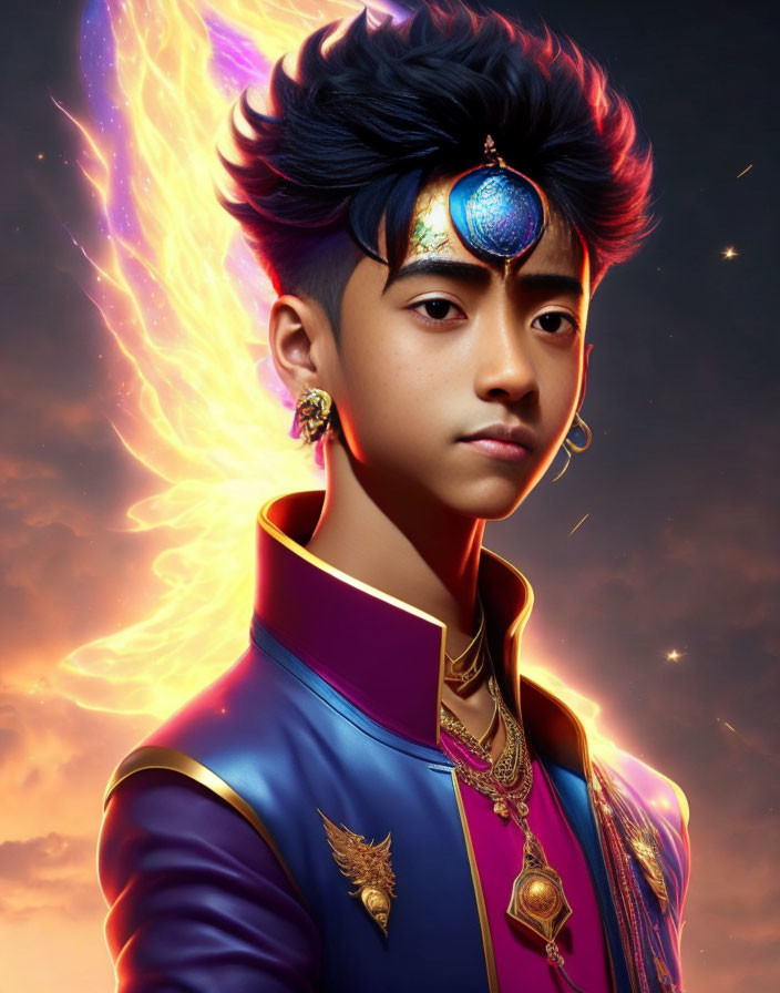 Digital artwork featuring young person with stylized hair, glowing eye ornament, fiery aura, blue & purple