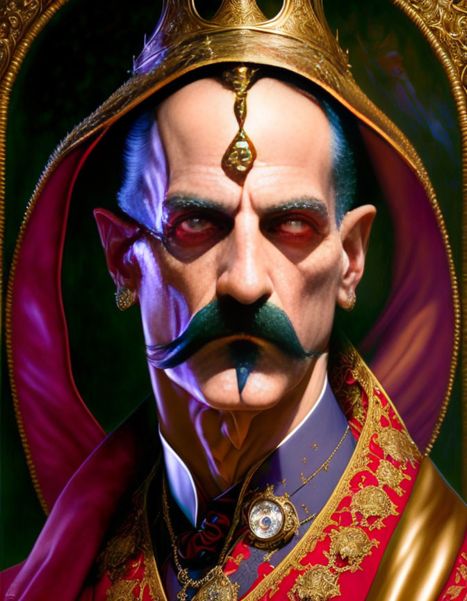 Digital artwork: Vampiric regal figure with fangs, crown, red eyes, orn