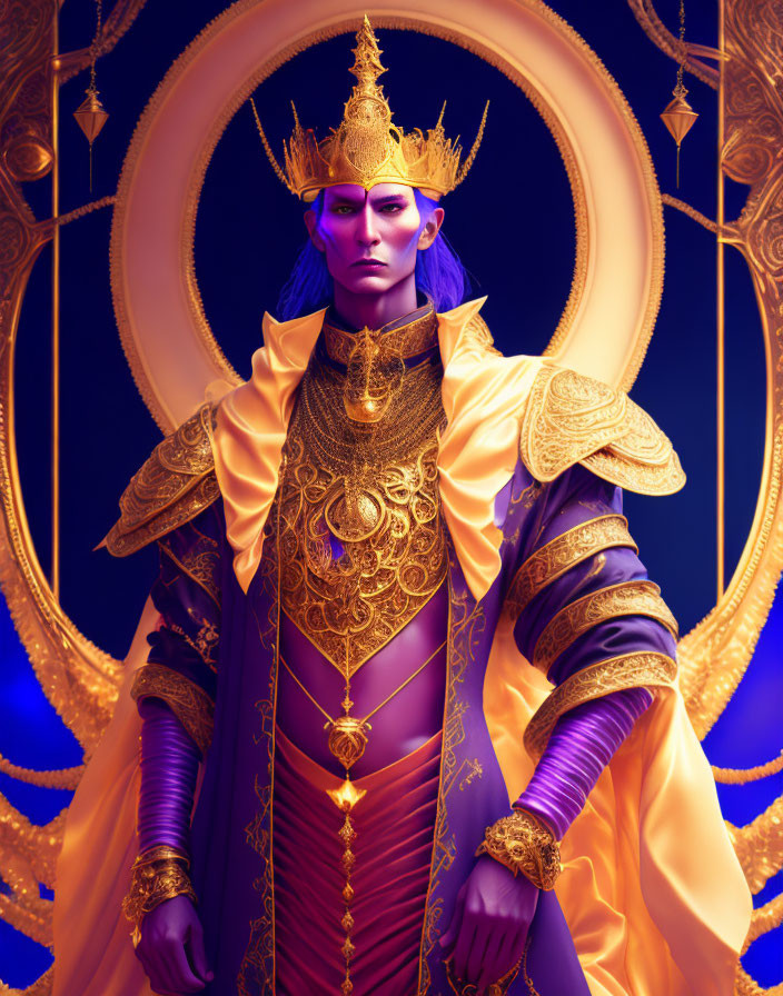 Blue-skinned figure in golden regalia on circular backdrop