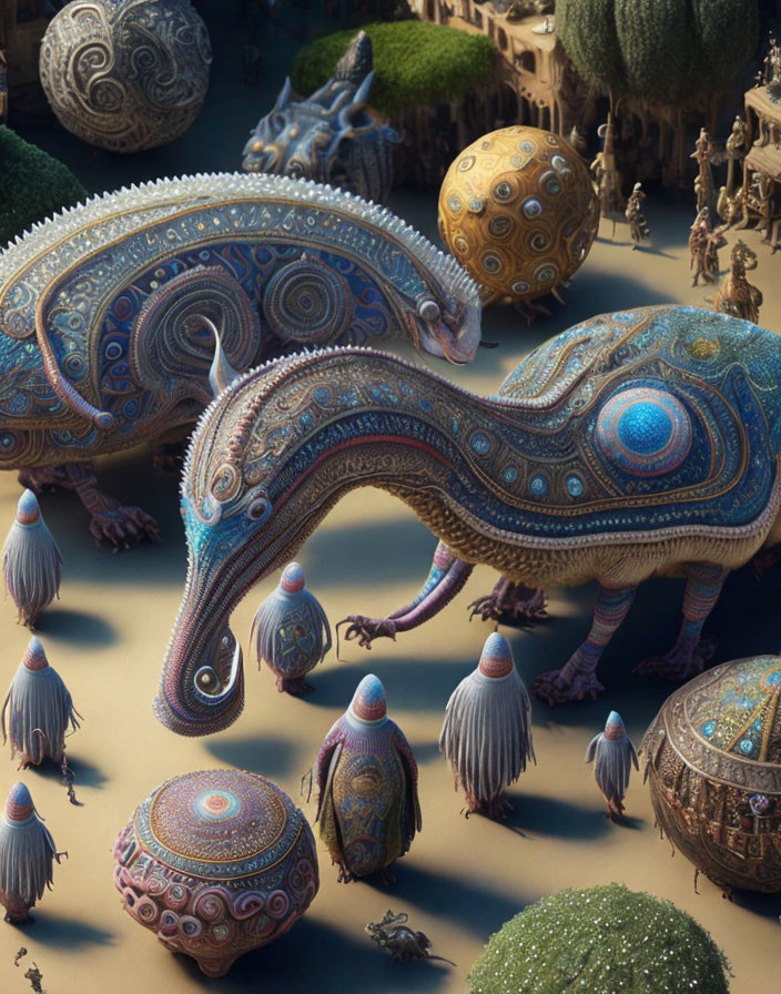 Intricate patterns on surreal creatures in fantasy landscape