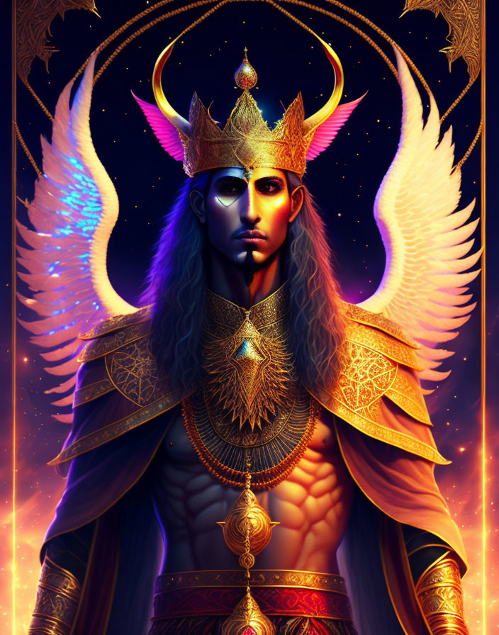 Majestic figure in golden armor with angelic wings on starry background