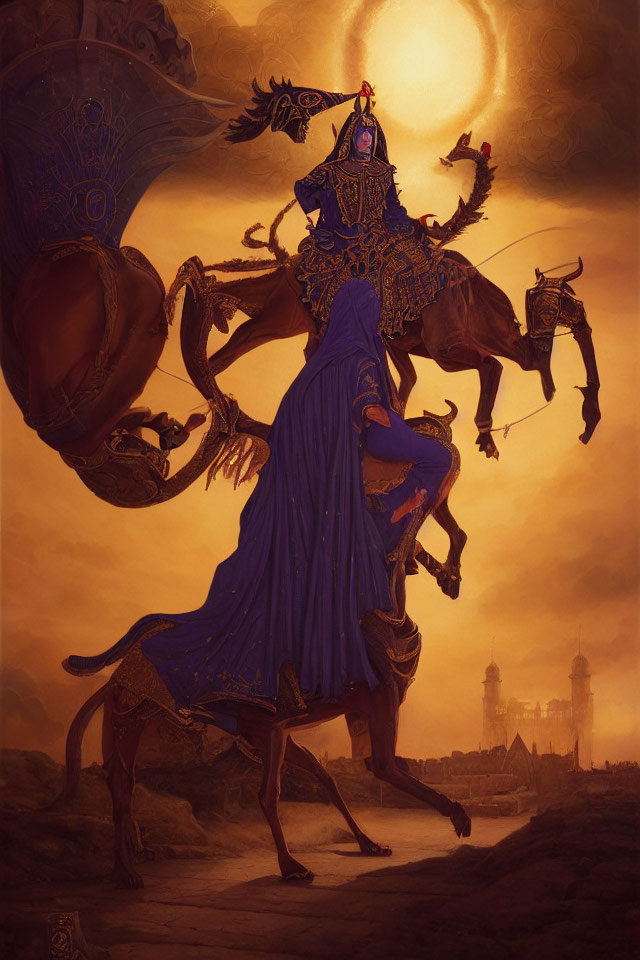 Majestic rider in blue armor on rearing horse with fantastical creature at golden sunset