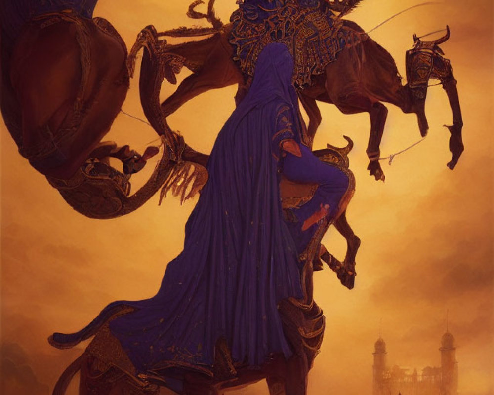 Majestic rider in blue armor on rearing horse with fantastical creature at golden sunset