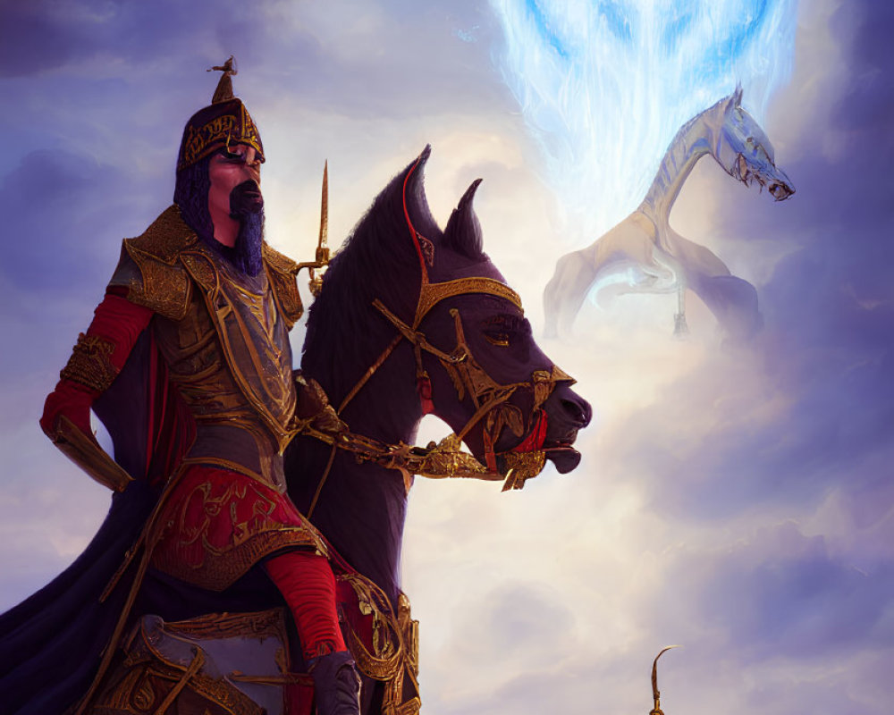 Knight on horse gazes at blue dragon in mystical sky with kneeling figure