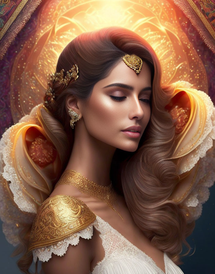 Illustrated portrait of woman with flowing hair and ornate gold jewelry against colorful mandala background