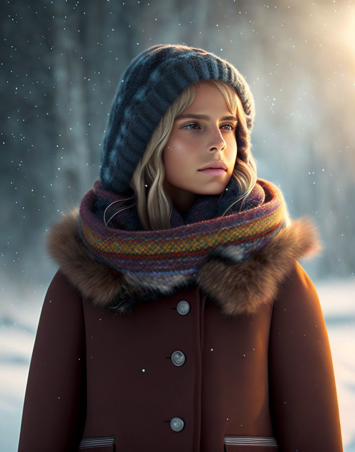 Long-haired person in knit hat and colorful scarf, brown coat with fur collar, against snowy backdrop