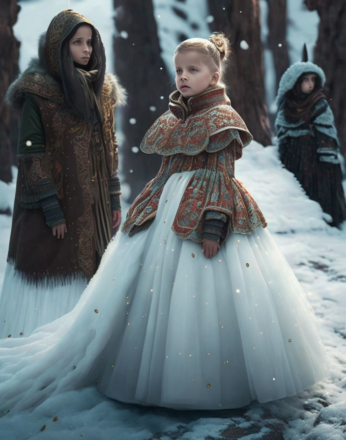 Three children in historical attire in snow-covered forest with glowing lights.