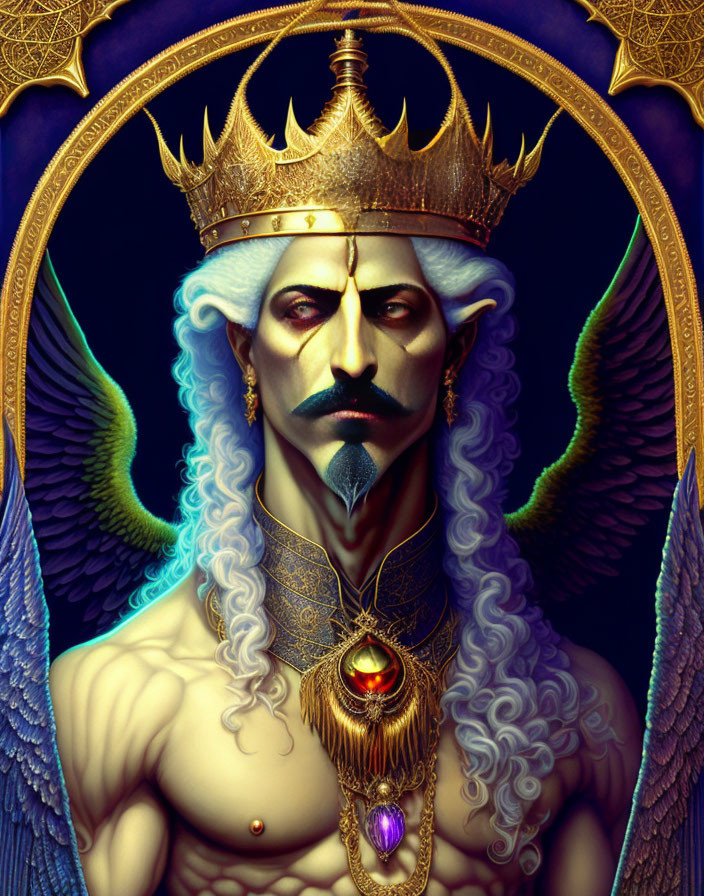 Regal figure with stern expression, golden crown, blue wings, and intricate tattoos.