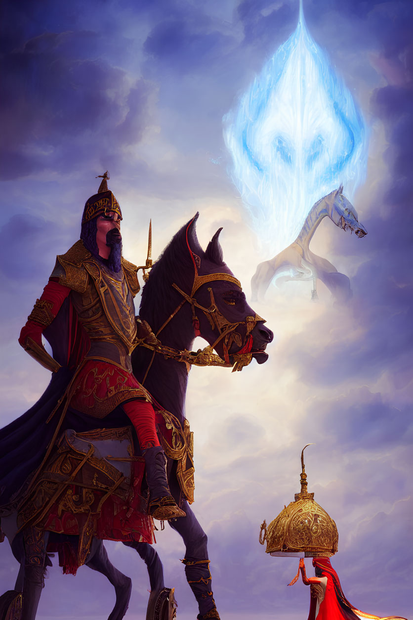 Knight on horse gazes at blue dragon in mystical sky with kneeling figure