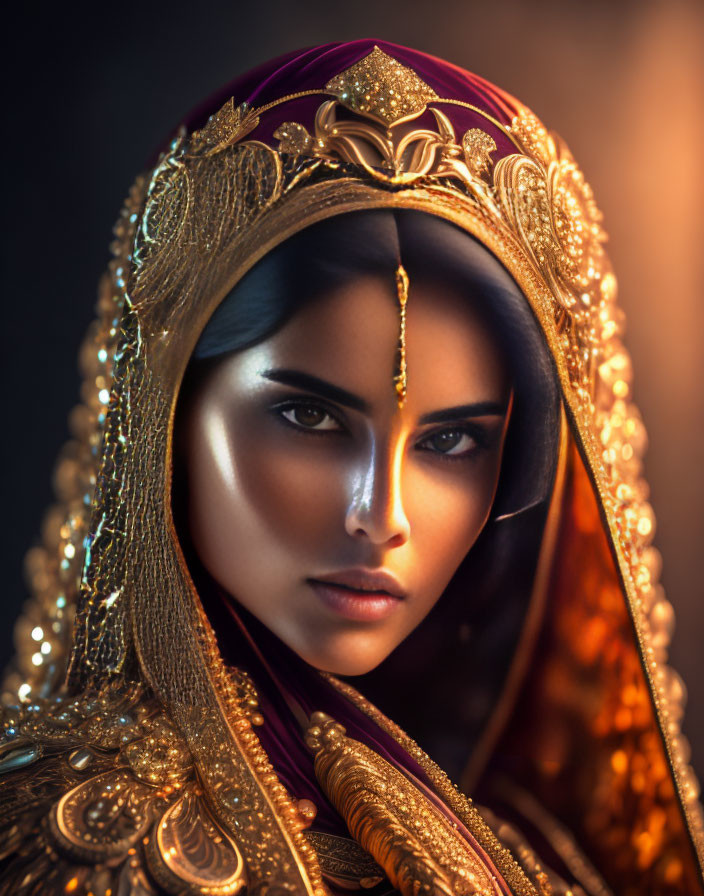 Regal woman portrait with striking eyes and ornate headpiece