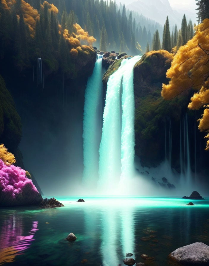 Tranquil waterfall in autumnal setting with mystical ambiance