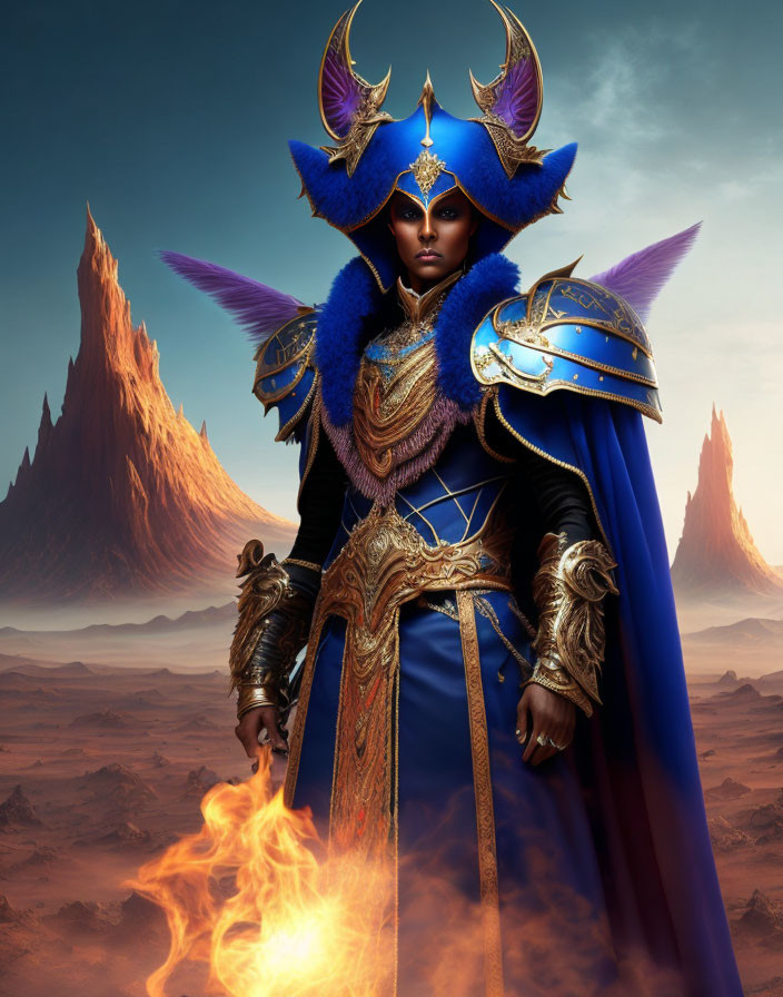 Majestic fantasy warrior in blue and gold armor with flaming sword in desert landscape