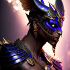 Character portrait with ornate blue and gold helmet, horns, and ear jewelry on warm gradient background