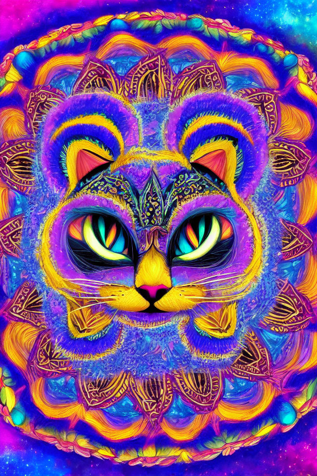 Colorful Psychedelic Cat Face Illustration on Cosmic Background