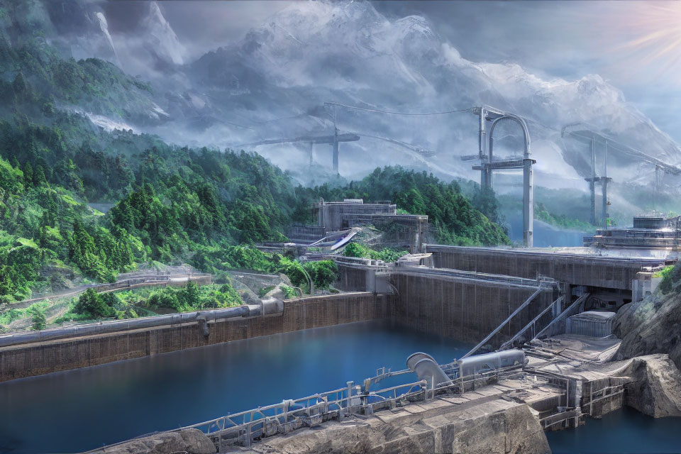 Futuristic hydroelectric dam in mountainous landscape with advanced infrastructure