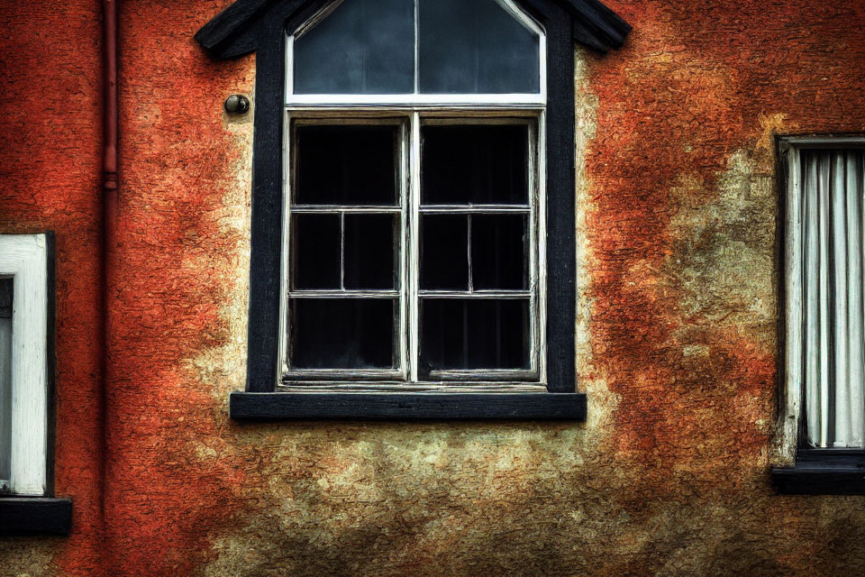 Weathered building with textured orange facade and vintage windows.