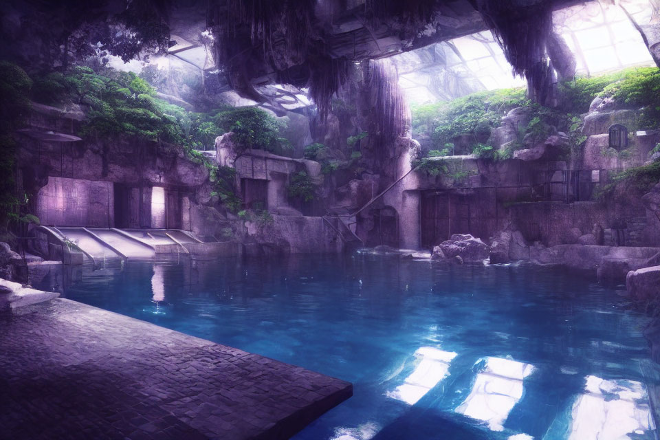 Ancient stone structures and lush foliage surround mystical underground pool