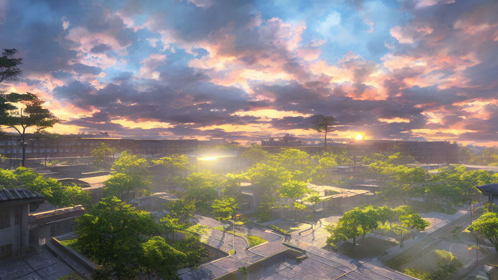 Serene village at sunrise with lush trees and traditional architecture