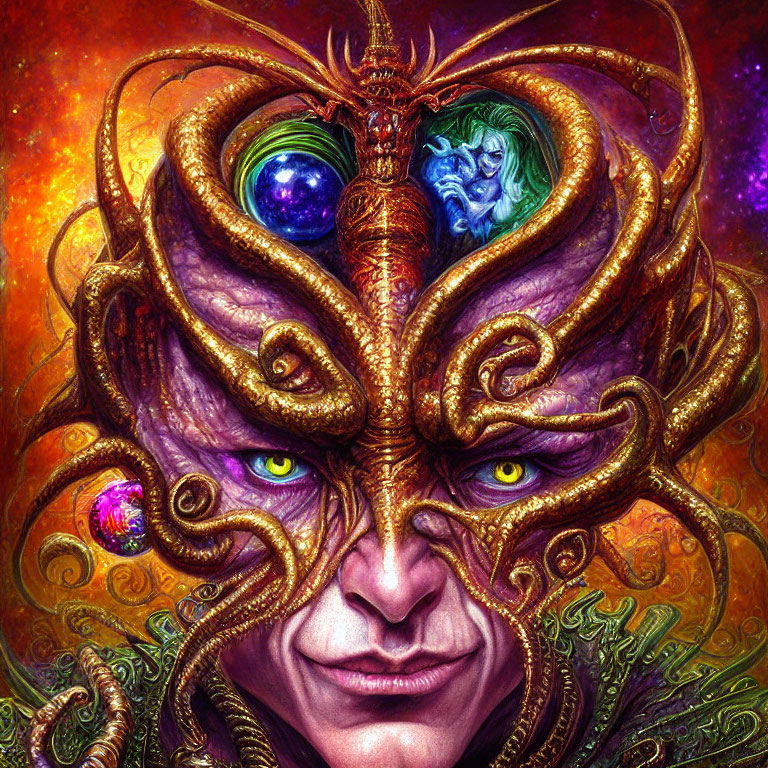 Colorful mystical character with golden patterns and glowing eyes in a fantasy setting