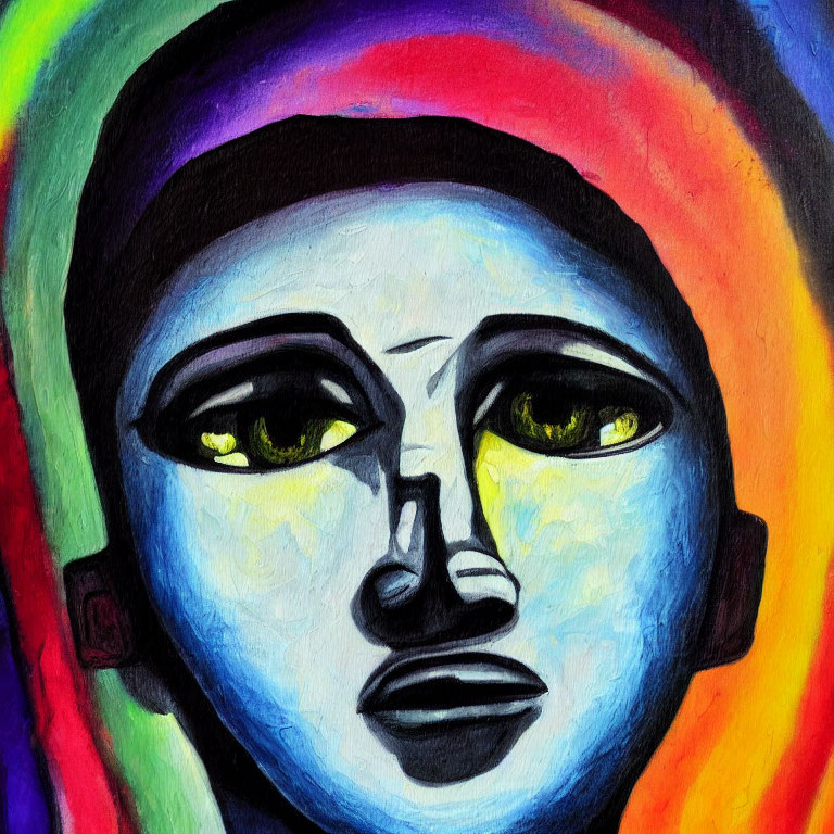 Colorful portrait featuring blue skin, yellow eyes, and rainbow backdrop