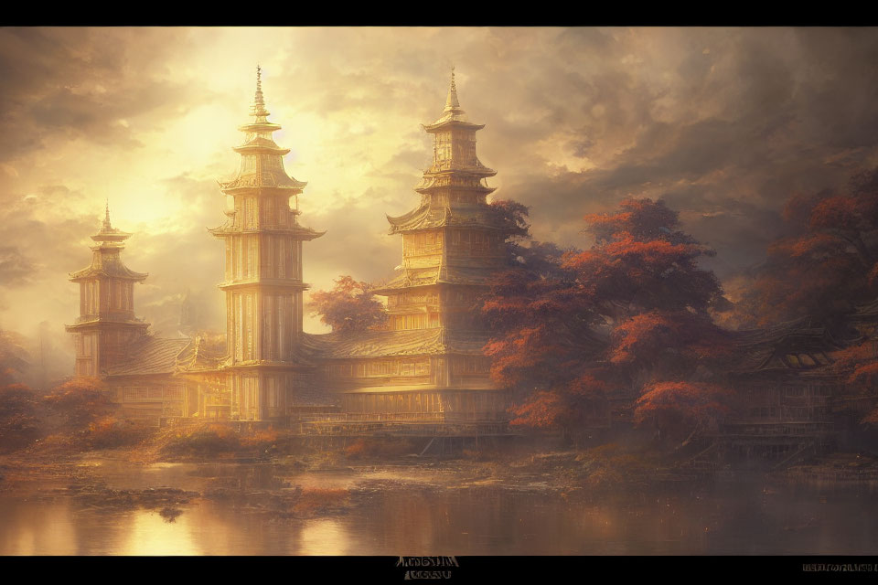 Ancient Pagodas Surrounded by Autumn Trees and Lake Haze