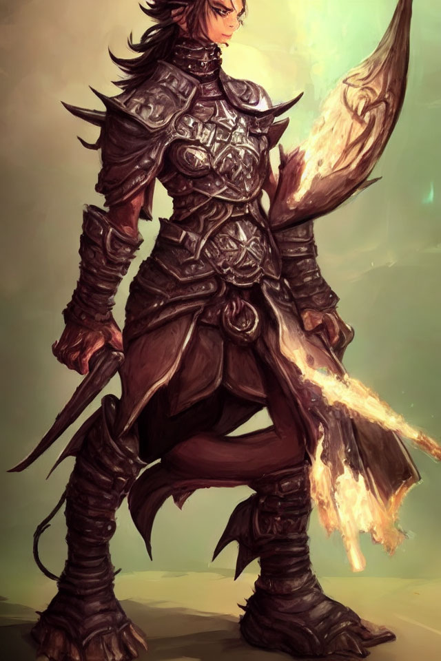 Armored warrior with flaming sword in confident stance.