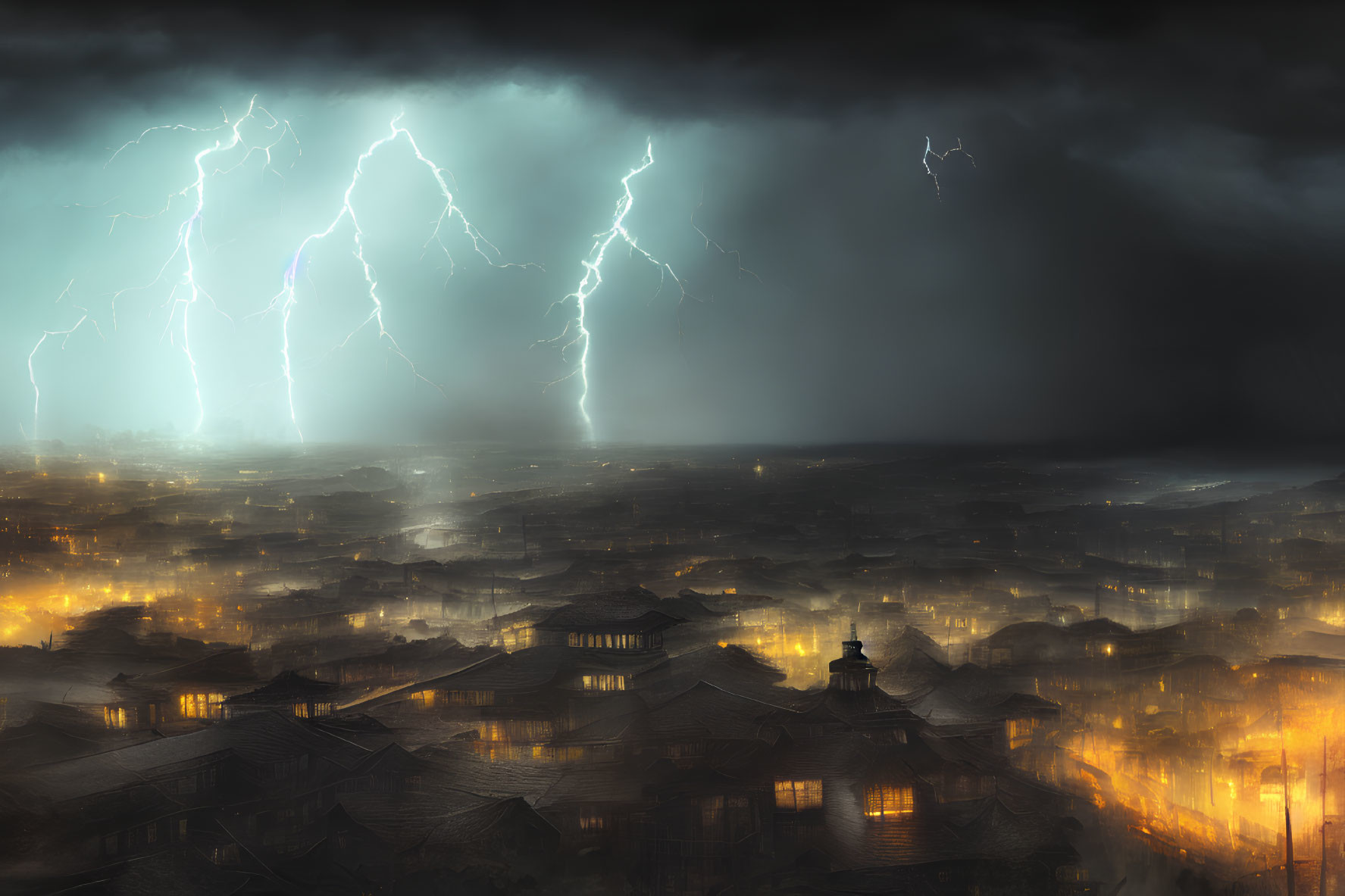 Nocturnal cityscape with traditional buildings, golden lights, stormy sky, lightning strikes