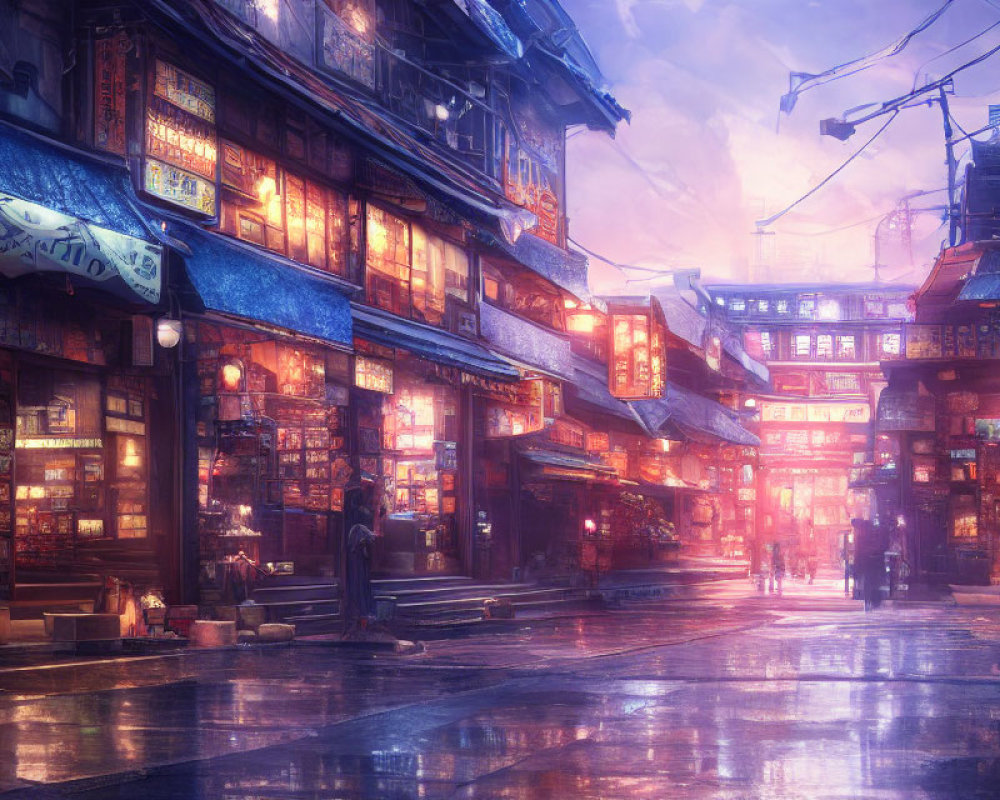 Vibrant Dusk Street Scene with Illuminated Signs and Traditional Architecture