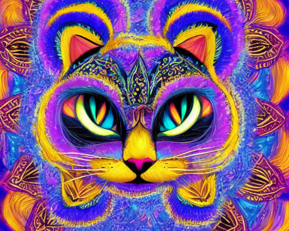 Colorful Psychedelic Cat Face Illustration on Cosmic Background