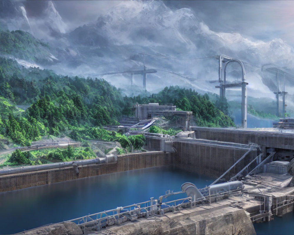 Futuristic hydroelectric dam in mountainous landscape with advanced infrastructure