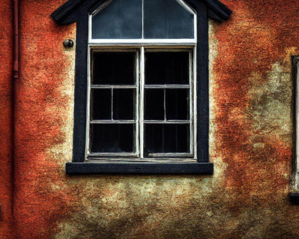 Weathered building with textured orange facade and vintage windows.